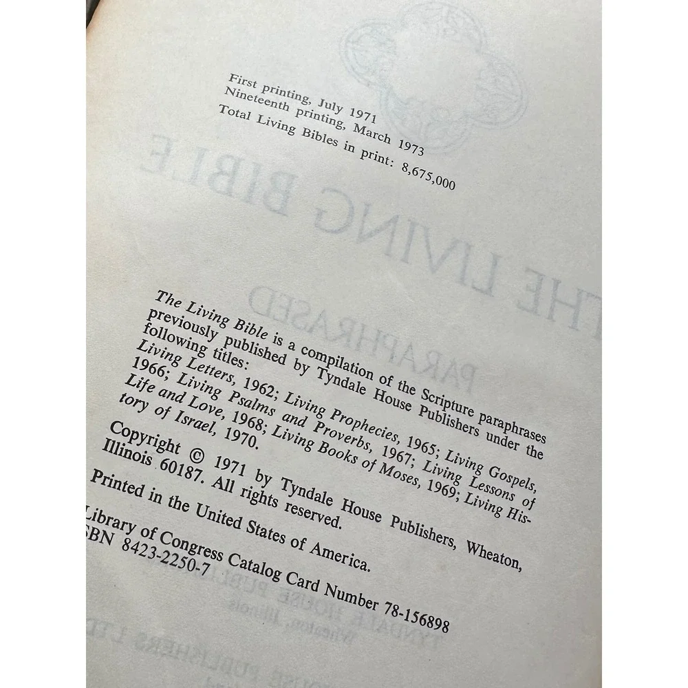 The‎ Living Bible Paraphrased 1973 Tyndale House Publishers Vtg Hardcover Brown